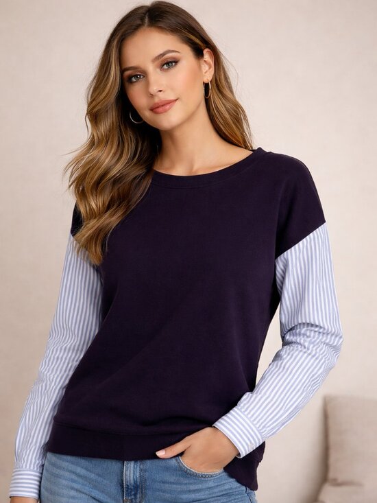 Talbots Sweaters - Talbots Navy Blue Striped Sleeve Sweatshirt | Preppy Chic Colorblock Top Size M